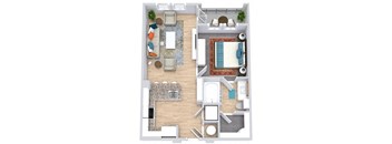 a floor plan that includes a bedroom with an attached bathroom and walk in closet, a kitchen with an "L" shaped counter with barstool seating, a living area, and an outdoor patio/balcony space