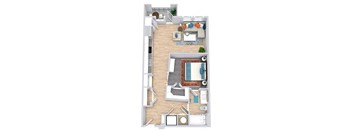 a floor plan that includes a bedroom with an attached bathroom and walk in closet, a kitchen, a living area, and an outdoor patio/balcony space