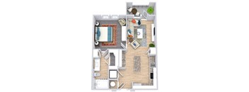 a floor plan that includes a bedroom with an attached bathroom and walk in closet, a kitchen with an island, a living area, and an outdoor patio/balcony space