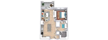 a floor plan that includes a bedroom with an attached bathroom and walk in closet, a kitchen with an island, a living area, and an outdoor patio/balcony space