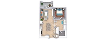 a floor plan that includes a bedroom with an attached bathroom and walk in closet, a kitchen with an island, a living area, and an outdoor patio/balcony space
