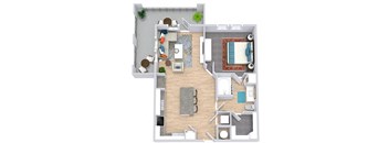 a floor plan that includes a bedroom with an attached bathroom and walk in closet, a kitchen with an island that has barstool seating, a living area, and an outdoor patio/balcony space