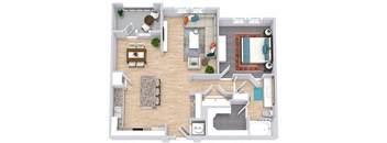 a floor plan that includes a bedroom with an attached bathroom and walk in closet, a kitchen with an island that has barstool seating, a dining space, a living area, and an outdoor patio/balcony space