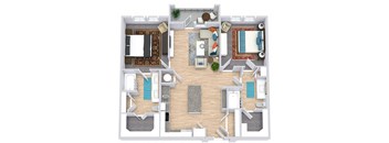 a floor plan that includes two bedrooms both with attached bathrooms and walk in closets, a kitchen with an island, a living area, and an outdoor patio/balcony space