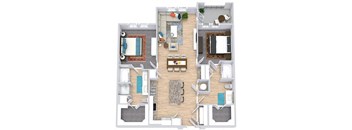 a floor plan that includes two bedrooms both with attached bathrooms and walk in closets, a kitchen with an island, a living area, and an outdoor patio/balcony space