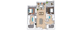 a floor plan that includes two bedrooms both with attached bathrooms and walk in closets, a kitchen with an island that has barstool seating, a living area, and an outdoor patio/balcony space