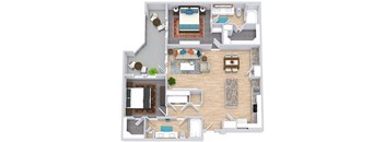 a floor plan that includes two bedrooms both with attached bathrooms and walk in closets, a kitchen with an island, a living area, and an outdoor patio/balcony space