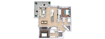 a floor plan that includes two bedrooms both with attached bathrooms and walk in closets, a kitchen, a living area, and an outdoor patio/balcony space