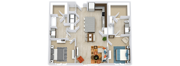 A top-down view of a living room with a couch, coffee table, and kitchen area.