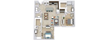 3d 2 bedroom 2.5 bath floorplan with L-shaped Kitchen and island. one bathroom has a tub/shower and the other has a standalone shower. Walk-in closets. W/D.