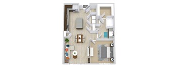 3d 1 bedroom floorplan with L-shaped Kitchen and Island. Pantry, Living/Dining Area, Bedroom and bathroom with Bath/Shower and Walk-in Closet