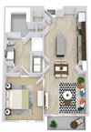 1 Bedroom floorplan with kitchen island, pantry, W/D, Living Room, Bedroom, Bathroom and large Walk-in Closet. Patio/Balcony