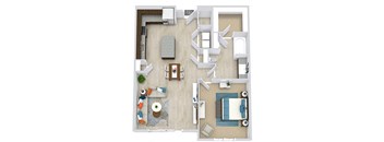3d 1 bedroom floorplan with L-shaped Kitchen and Island. Pantry, Living/Dining Area, Bedroom and bathroom with Bath/Shower and Walk-in Closet