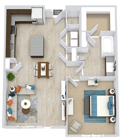 3d 1 bedroom floorplan with L-shaped Kitchen and Island. Pantry, Living/Dining Area, Bedroom and bathroom with Bath/Shower and Walk-in Closet