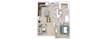 1 bedroom floorplan with L-shaped Kitchen and Island. Pantry, W/D Closet, Living/Dining Area, Bedroom and bathroom with bathtub and Walk-in Closet.