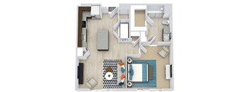 3d1 bedroom floorplan with L-shaped Kitchen and Island. Pantry, Living/Dining Area, Bedroom and bathroom with Shower and Walk-in Closet