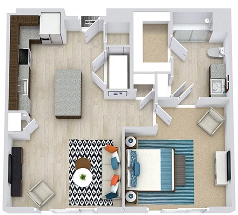 3d1 bedroom floorplan with L-shaped Kitchen and Island. Pantry, Living/Dining Area, Bedroom and bathroom with Shower and Walk-in Closet