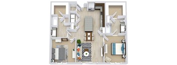 2 Bedroom 2 bath floorplan with L-shaped kitchen, pantry, w/d. one bathroom has a tub/shower while the other is a standalone shower. Walk-in closets. optional 1 and 2 foot bedroom extensions
