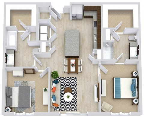 2 Bedroom 2 bath floorplan with L-shaped kitchen, pantry, w/d. one bathroom has a tub/shower while the other is a standalone shower. Walk-in closets. optional 1 and 2 foot bedroom extensions