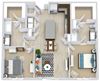 3d 2 Bedroom 2 bath floorplan with L-shaped kitchen, pantry, w/d. one bathroom has a tub/shower while the other is a standalone shower. Walk-in closets.