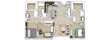 3 Bedroom 3 bath floorplan with L-shaped kitchen, pantry, w/d. Living/dining area. 3 bedrooms, 2 with a private bathroom and walk-in closet. Additonal bedroom is adjacent to the 3rd bathroom.