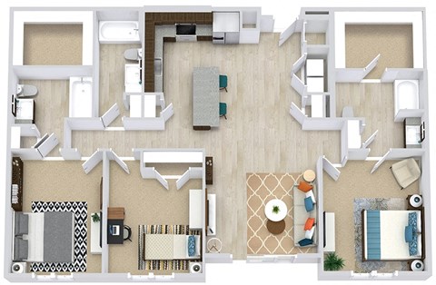 3 Bedroom 3 bath floorplan with L-shaped kitchen, pantry, w/d. Living/dining area. 3 bedrooms, 2 with a private bathroom and walk-in closet. Additonal bedroom is adjacent to the 3rd bathroom.