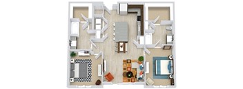 2 bedroom 2 bath floorplan with l-shaped kitchen and island. wld closet, dining area and living area. large walk-in closets.