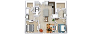 2 bedroom floorplan. L-shaped kitchen overlooking dining and living area.  bedrooms on opposite sides of the apartment. Walk-in closets. 2 bathrooms. W/D in kitchen area. Patio/Balcony.