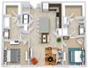 3d 2 Bedroom 2 bath floorplan with L-shaped kitchen, pantry, w/d. one bathroom has a tub/shower while the other is a standalone shower. Walk-in closets.