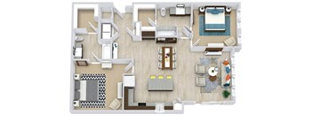 3d 2 Bedroom 2 bath floorplan with L-shaped kitchen, pantry, w/d. one bathroom has a tub/shower while the other is a standalone shower. Walk-in closets.