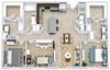 3d 3 Bedroom 3 bath floorplan with L-shaped kitchen, pantry, w/d. two bathrooms have a tub/shower while the other is a standalone shower. Walk-in closets.