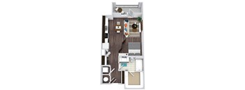 Studio with one bath floorplan. Entry nook. Stackable W/D. Built-in Desk. Kitchen with Pantry. Walk-in Closet. Patio.