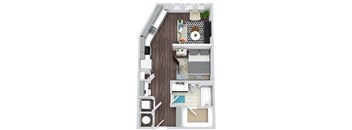 Studio, 1 bath floorplan. entry nook with hooks. Built-in desk, pantry, and Kitchen. Open to Living/dining/sleeping area. Sleep area separated by partial wall. Large closet. W/D.