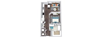 Studio, 1 bath floorplan. Entry nook with hooks. hallway leading to built-in desk, Pantry and Kitchen. Open to Living/dining area. Sliding door entry to bedroom with partial height wall. Large Closet.