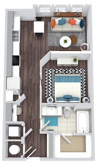 Studio, 1 bath floorplan. Entry nook with hooks. hallway leading to built-in desk, Pantry and Kitchen. Open to Living/dining area. Sliding door entry to bedroom with partial height wall. Large Closet.