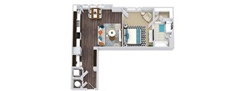1 bedroom. 1 bath floorplan. galley style entry with built-in desk, butlers pantry leading to kitchen with pantry. Open to living/dining. Stackable W/D.