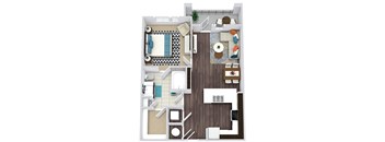 1 Bedroom 1 Bath Floorplan. U-shaped kitchen with a peninsula island sink. Hooks at Entry, Butlers pantry leading to Living/Dining area. Bathroom with linen and walk-in closet. stackable W/D.