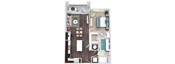 1 bedroom, 1 bath floorplan. L-shaped kitchen. entry nook. built in desk in kitchen. open to living/dining. double sink vanity. stackable w/d. balcony.