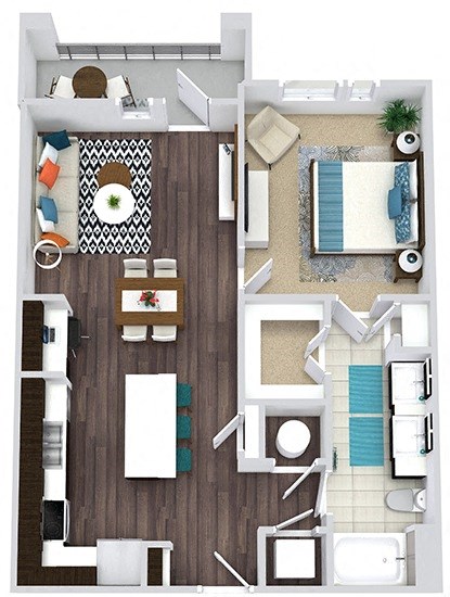 1 bedroom, 1 bath floorplan. L-shaped kitchen. entry nook. built in desk in kitchen. open to living/dining. double sink vanity. stackable w/d. balcony.