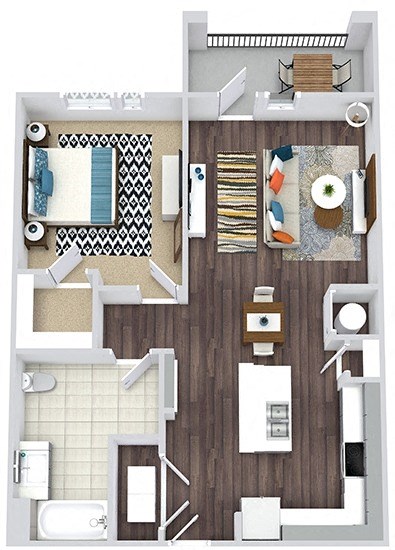 1 bedroom, 1 bath floorplan. L-shaped kitchen with kitchen island sink. butlers pantry. open to living/dining. Walk-in Closet. Washer/Dryer. Balcony