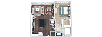 1 bedroom, 1 bath floorplan. entry nook. l-shaped kitchen with island and pantry. open to living/dining. Washer/dryer. linen and walk-in closet.