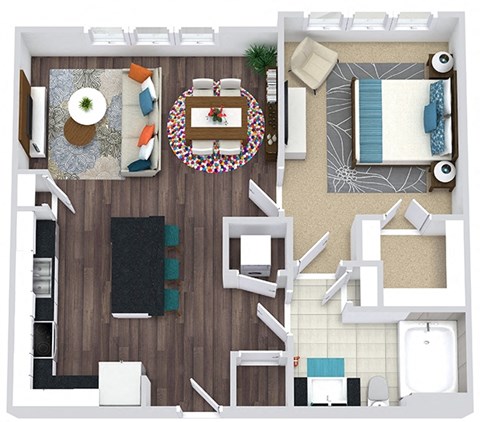 1 bedroom, 1 bath floorplan. entry nook. l-shaped kitchen with island and pantry. open to living/dining. Washer/dryer. linen and walk-in closet.
