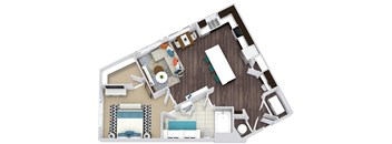 1 bedroom, 1 bath floorplan. entry nook. built-in desk with pantry in L-shaped kitchen. kitchen island. Window over sink. Double sink vanity with linen. washer/dryer.