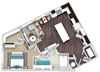 1 bedroom, 1 bath floorplan. entry nook. built-in desk with pantry in L-shaped kitchen. kitchen island. Window over sink. Double sink vanity with linen. washer/dryer.