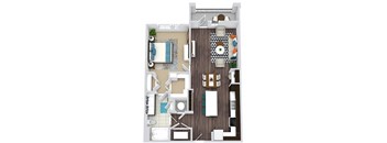 1 bedroom, 1 bath floorplan. entry nook. L-shaped kitchen with island and butlers pantry. open to living/dining area. double sink vanity in bath. Two closets in bedroom. Washer/Dryer. Balcony