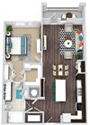 1 bedroom, 1 bath floorplan. entry nook. L-shaped kitchen with island and butlers pantry. open to living/dining area. double sink vanity in bath. Two closets in bedroom. Washer/Dryer. Balcony