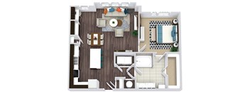 1 bedroom, 1 bath floorplan. entry nook. L-shaped kitchen with island. Pantry. butlers pantry. built-in desk. open to living/dining. Double sink vanity. large walk-in closet. washer/dryer.