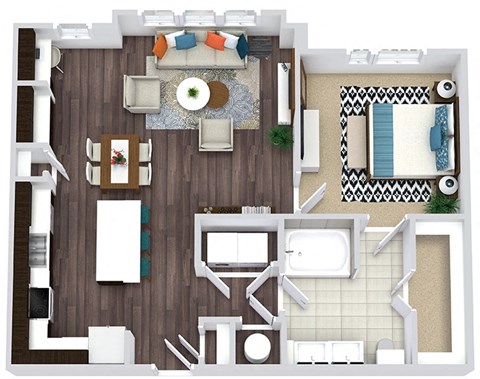 1 bedroom, 1 bath floorplan. entry nook. L-shaped kitchen with island. Pantry. butlers pantry. built-in desk. open to living/dining. Double sink vanity. large walk-in closet. washer/dryer.