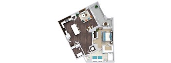 1 bedroom, 1 bath floorplan. entry nook. L-shaped kitchen with island and Pantry. Open to Living/dining. Built-in desk. Double sink bath vanity. linen closet. Laundry room. large balcony.