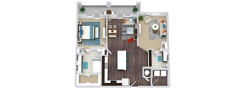 1 bedroom, 1.5 bath plus den floorplan. entry hanging nook. l-shaped kitchen with island and pantry. large butlers pantry. open to living/dining. Double sink vanity. Balcony access from bedroom. w/d.